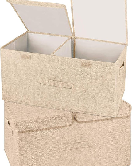 2 Pack Large Storage Boxes with Lids and Handles, Collapsible Linen Storage Bins Organizer Containers Baskets Cube with Removable Divider for Home Bedroom Closet Office (Khaki, Large)
