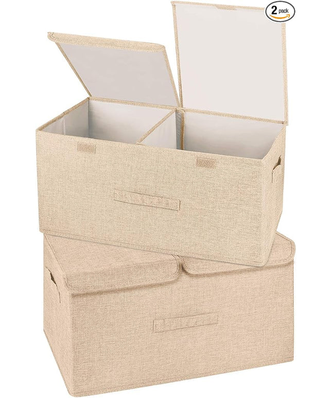 2 Pack Large Storage Boxes with Lids and Handles, Collapsible Linen Storage Bins Organizer Containers Baskets Cube with Removable Divider for Home Bedroom Closet Office (Khaki, Large)