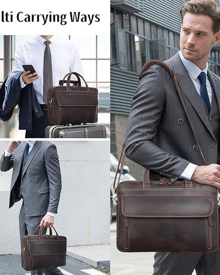 Masa Kawa Leather Briefcase for Men 15.6", 17" Laptop Computer Case Business Travel Work Messenger Cross Body Shoulder Bag