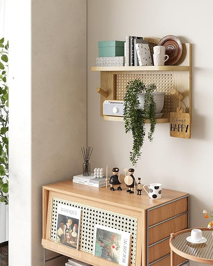 Rattan Wall Shelf Set of 2, Boho Natural Wicker Shelf for Wall with Wood Hook, Nursery Floating Shelves Wall Mounted Rustic Farmhouse Floating Shelf for Decor Storage