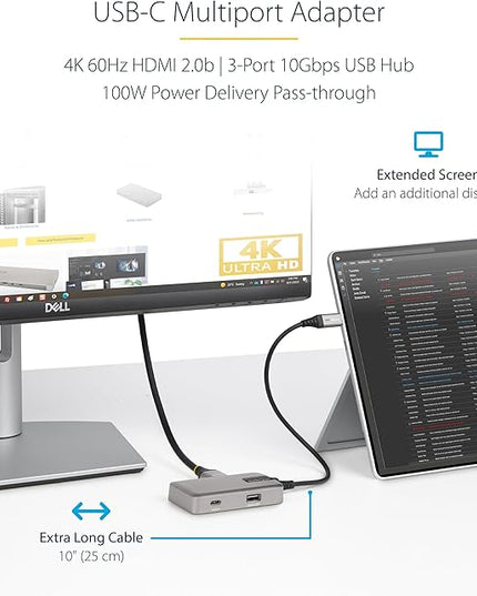 StarTech.com 4-in-1 USB C Hub with Extra Long Cable, 4K 60Hz HDMI, Alt-Mode, 100W Power Delivery, 10Gbps Fast Speed Type C Expansion Hub, Portable Mini Docking Station for MacBook - TAA