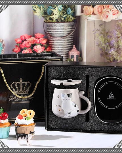 Honeydak Coffee Mug Warmer Cute Cat Mug Set Cup Warmer for Women Heated Coffee Warmers for Mom Home Office Desk Valentine's Day Anniversary Birthday Gifts(Cat,Gray)