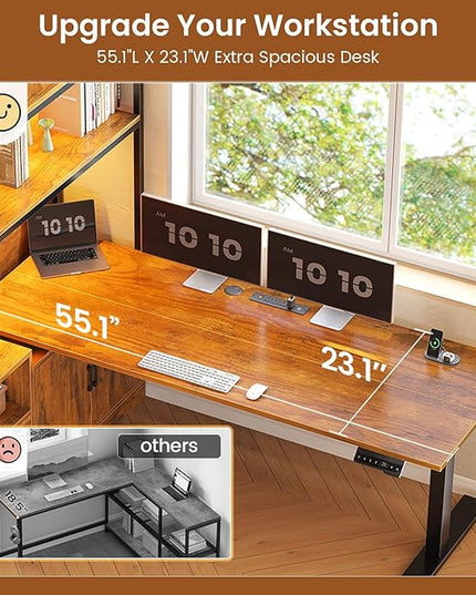 SEDETA 56.7" L Shaped Standing Desk, Reversible Computer Office Desk with Drawers & Hutch, Stand Up Corner Gaming Desks with LED Lights & Power Outlets for Home Office, Rustic Brown