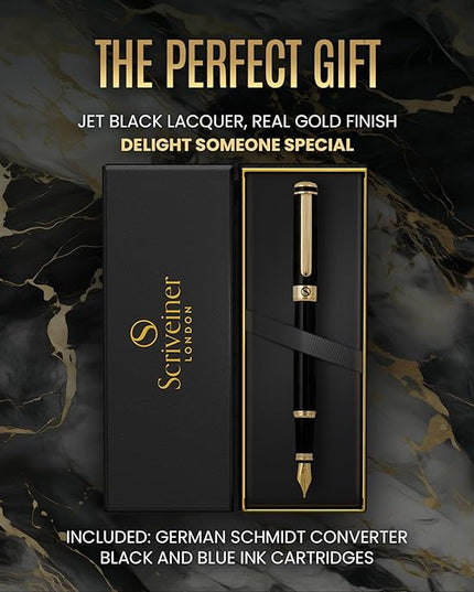 Scriveiner Luxury Fountain Pen - Stunning Black Lacquer Pen, Real Gold Finish, Schmidt Gilded Nib (Medium), Converter, Best Pen Gift Set for Men & Women, Professional, Executive, Office, Nice Pens