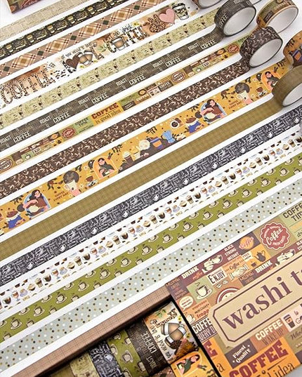 KOVANO Coffee Themed Washi Tape Set, 14 Rolls Vintage Crafts Tape, Art Decorative Tape for Scrapbooking Supplies, Junk Journal, Bullet Journaling, Vision Board Supplies