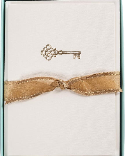 Graphique Key La Petite Presse Boxed Notecards - 10 Embossed and Embellished Gold Foil Vintage Key Blank Cards with Matching Envelopes, 3.25" x 4.75" (L1543CB)
