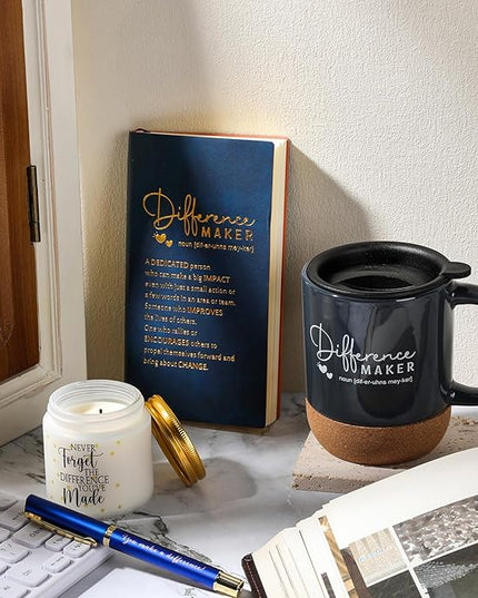4 Pcs Difference Maker Gift for Women Men Teacher Employee Appreciation Gift for Coworker Staff Coach Difference Maker Mug Notebook Scented Candle Motivational Ballpoint Pen for Valentines(Navy Blue)