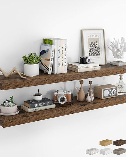 RICHFOCUS 55Inch Floating Shelves for Wall 2 Pack Shelves for Bedroom|Kitchen|Bathroom Wall Mounted Rustic Wood Floating Shelf with Invisible Brackets for Books|Storage|Decor, Rustic Brown