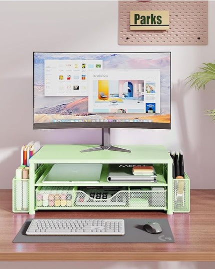 OPNICE Desk Organizers and Accessories, 2-Tier Computer Monitor Stand Riser with Drawer and 2 Pen Holders, Laptop Stand, Office Desk Accessories for Office Supplies, Green