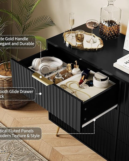 Garvee Fluted Dresser for Bedroom with 6 Drawers,47" Wide Modern Chest of Wooden Bedroom Chest with Metal Handle,Clothes Storage Organizer,Closet Dresser & TV Stand for Living Room,Hallway,6&Black