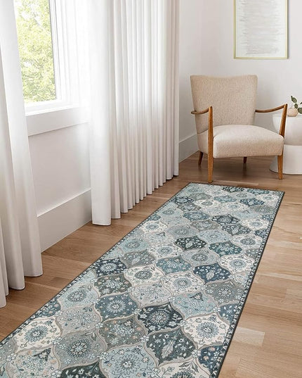 Lahome Moroccan Trellis Washable Runner Rug, 2x6 Runners for Hallways 6 Feet Non Slip Vintage Laundry Room Rug Vintage Ultra-Thin Long Carpet for Kitchen Bedroom, Blue