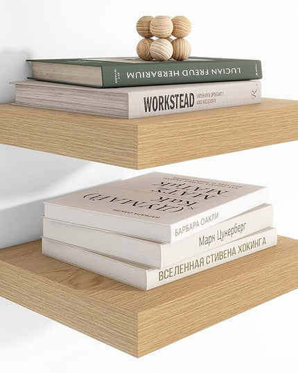 Heimlove 12 Inch Deep Floating Shelves, 12 x 12 inches Long Wall Shelf, Large Extra Display Shelf & Storage Shelf, Rustic Wood Wall Shelves for Fireplace Mantel, Oak - 2Pack