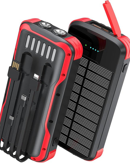 Solar Charger Power Bank, PD 20W Fast Charging External Batter, 40000mAh Portable Phone Charger Built in 4 Cables with Dual Bright Flashlights for Camping, Hiking, and Outdoor Use（RED）