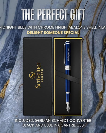 Scriveiner Personalized Midnight Blue Fountain Pen - Stunning Blue Lacquer Luxury Pen, Chrome Finish, German Schmidt Nib (Medium), Best Engraved Pen Gift Set for Men & Women, Name Engraving