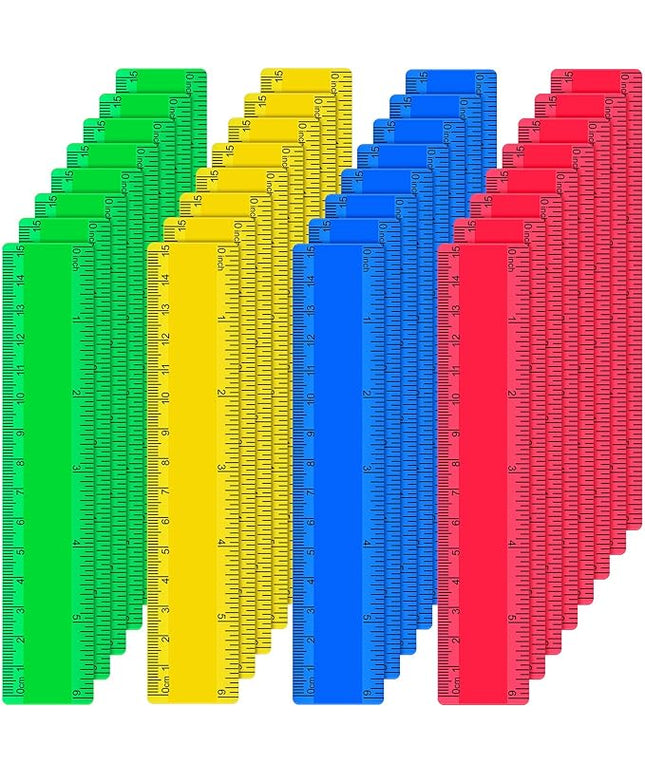 32 Pack 6 Inch Mini Rulers Bulk Plastic Small Rulers with Inches and Centimeters, Drafting Measuring Tool Set for Classroom Kids Student School Office Supplies(6 Inch,Yellow, Green, Blue, Red)