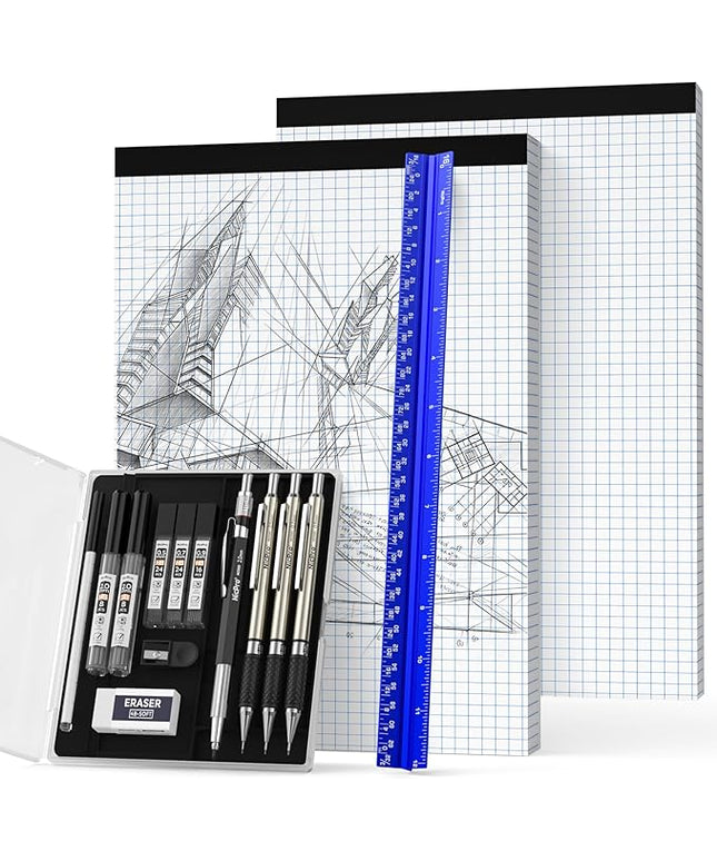Nicpro 16PCS Drafting Tools with 12‘’ Aluminum Architect Scale Ruler, Mechanical Pencils 0.5, 0.7, 0.9 & 2mm, Lead Refills, 2 Pack Graph Paper Pad, Geometry Drawing Kit for Engineers Students Design
