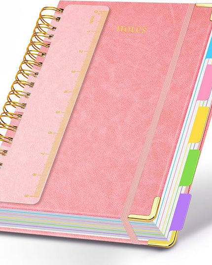 Hardcover Spiral Notebook 8"x10" Journal Notebook with Tabs and Removable Dividers 300 Pages 5 Subject Notebook College Ruled, Faux Leather Spiral Bound Notebook for Women School Work (Pink)