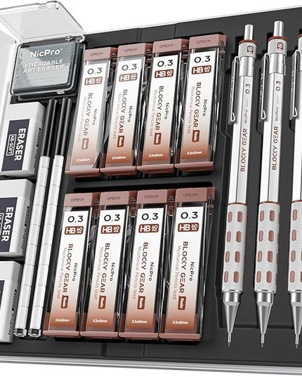 Nicpro 3 Pack Blocky Gear 0.3 mm Metal Mechanical Pencils Set with Case, Lead Drafting Pencil with 8 Tube (480PCS) Lead Refills, 4 Erasers, 18 Eraser Refills for Art Writing, Sketching Drawing