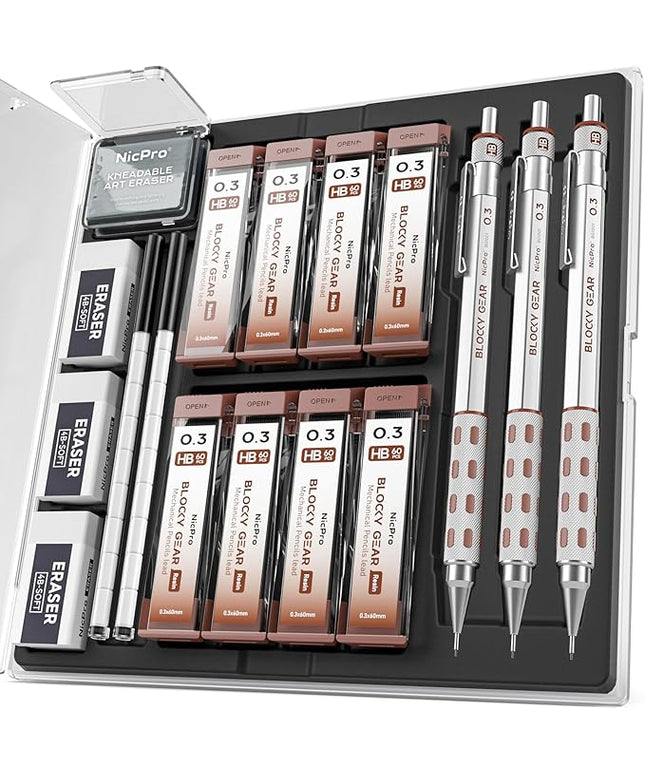 Nicpro 3 Pack Blocky Gear 0.3 mm Metal Mechanical Pencils Set with Case, Lead Drafting Pencil with 8 Tube (480PCS) Lead Refills, 4 Erasers, 18 Eraser Refills for Art Writing, Sketching Drawing