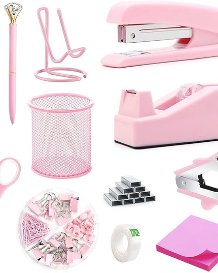 Pink Office Supplies, Pink Desk Accessories, Stapler, Staple Remover, Tape Holder, Pen Holder, Ballpoint Pen, Scissor, Binder Clips, 1000pcs Staples, Phone Holder, Ruler, Transparent Glue and Notes