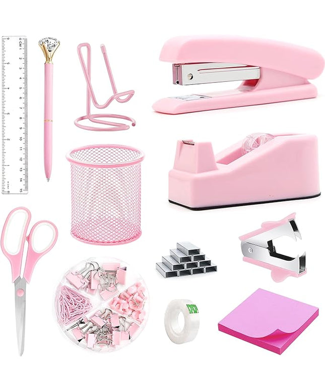 Pink Office Supplies, Pink Desk Accessories, Stapler, Staple Remover, Tape Holder, Pen Holder, Ballpoint Pen, Scissor, Binder Clips, 1000pcs Staples, Phone Holder, Ruler, Transparent Glue and Notes