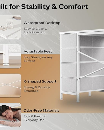 Huuger 55 Inch L Shaped Desk with Fabric Drawers, Reversible Computer Gaming Desk with Power Outlets and USB-C Port, Adjustable Side Storage Shelves, for Work Study Corner Home Office, White
