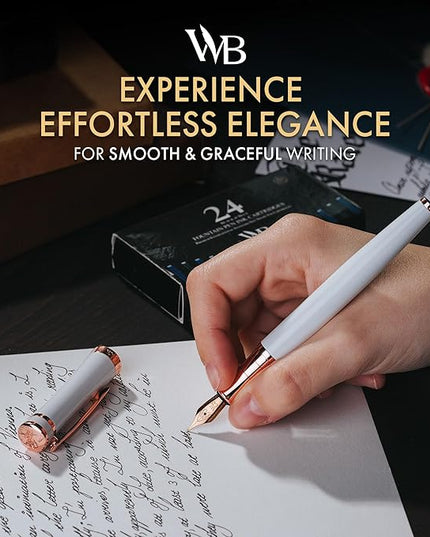 Wordsworth & Black Fountain Pen Set, 18K Gilded Medium Nib, Includes 24 Pack Ink Cartridges, Ink Refill Converter & Gift Box, Gold Finish, Calligraphy, [White Rose Gold], Perfect for Men & Women