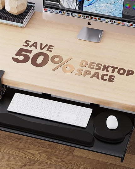 Keyboard Tray, 25 in. Pine Plastic, Keyboard tray Under Desk with Wrist Rest, Mouse Pad, Cup Mat, Lightweight Slide Out Tray, Easy Assemble Adjustable C clamp
