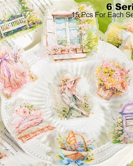 AuriicLeaf Healing Garden PET Stickers, 90 Pcs Whimsical Floral Ephemera for Scrapbooking, Journaling, DIY Crafting, and Art Supplies
