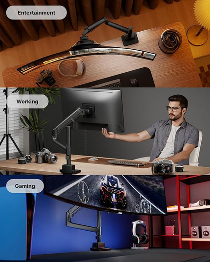 monTEK 17-57 Inch Ultrawide Monitor Arm for Up to 59.4lbs Screens, Aluminum Heavy-Duty Gas Spring Single Curved Screen Adjustable Monitor Stand,75/100mm Vesa Mount, Black