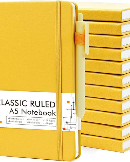 12 Pack Notebooks Journals Bulk with 12 Black Pens, Feela A5 Hardcover Notebook Classic Ruled Journal Set with Pen Holder for School Business Work Travel Writing, 120 GSM, 5.1”x8.3”, Yellow