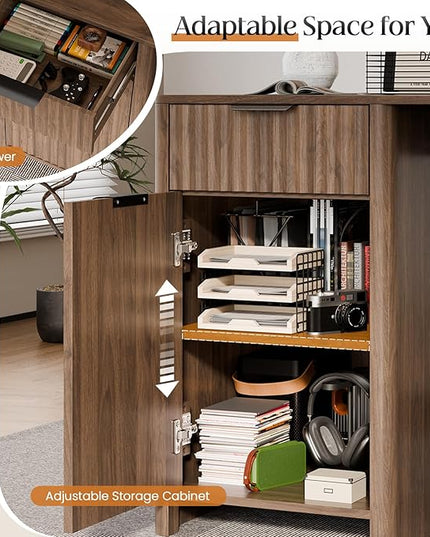 60" Fluted Home Office Desks with Storage, Modern Executive Desk Computer Desk with Drawer & Cabinet, Wood Work Desk for Office, Bedroom, Study, Living Room, Walnut
