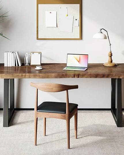Solid Wood Desk 55 inches, Home Office Computer Desk Wooden Rustic Writing Desk Metal Modern Simple Design Executive Real Wood Desk(Dark Brown)