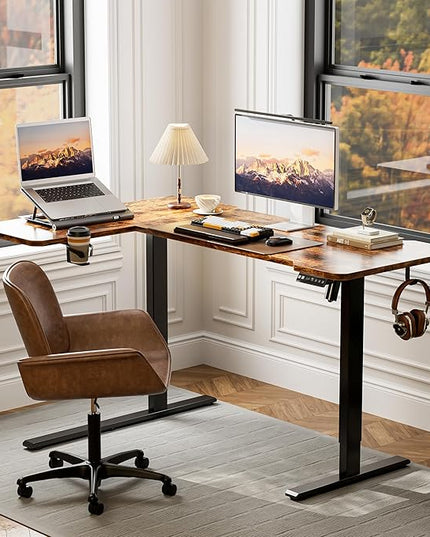 59 Inch L Shaped Standing Desk Electric Adjustable Height, Corner Standing Desk, Electric Sit Stand Table with Reversible Splice Boards for Computer Office Home (Rustic Brown)