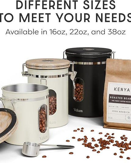 Veken Coffee Sugar Canister with Window, Airtight Stainless Steel Kitchen Food Storage Container with Lids, Date Tracker and Scoop for Grounds Coffee, Beans, Tea, Flour, Cereal Jars, 16OZ, Cream