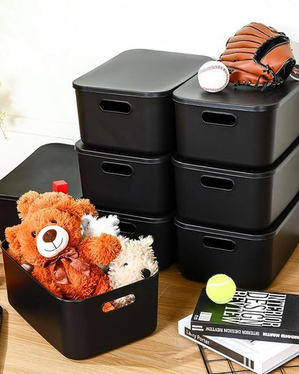 Hoolerry 8 Pieces Colorful Storage Bins with Lid, Plastic Storage Basket Organizing Container Stackable Box with Handle for Shelves Desktop Playroom Office(13.8 x 9.8 x 5.9 Inch,Black)