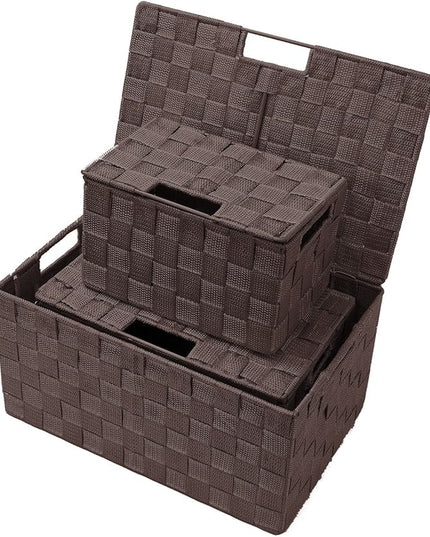 Sorbus Set of 3 Hand-Woven Storage Baskets with Lids – Decorative Wicker Organizers for Home, Closet, or Shelves (Choclate)