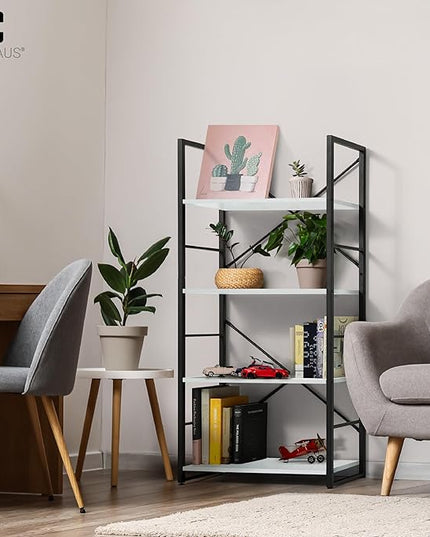 CAPHAUS 4 Tier Bookshelf, 24 Inch Width Free Standing Shelf, Bookcase Shelf Storage Organizer, Industrial Book Shelves for Home Office, Living Room, Kitchen, White Shelves & Metal Frame