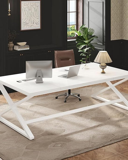 IBF Long White Computer Desk, Modern Simple Large Home Office Desk, Wood Metal Work Study Writing Table for 2 Monitors, Double Pc Gaming Executive Workstation in Bedroom Living Room, White Oak,70 in