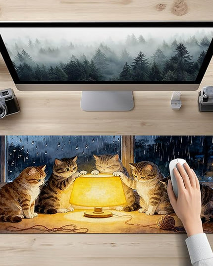 XL Mouse Pad Gaming Mousepad 31.5 x 11.8 Inch Large Keyboard Desktop Mat Diatomite Mouse Pad for Home and Office Desk Accessories with Cozy Window Night Cat Lamp Artwork