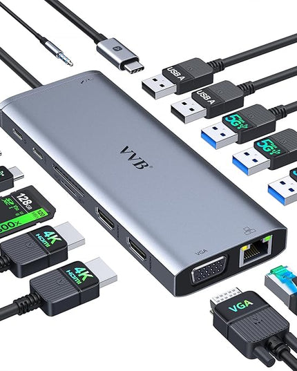 USB C Docking Station Dual Monitor HDMI for Dell HP Lenovo Laptop,14 in 1 Docking Station to 2 HDMI Port 4K+VGA USB Type C Hub Multiport Adapter Dongle Dock,USB C to Ethernet+5 USB+SD/TF+100W PD+Audio