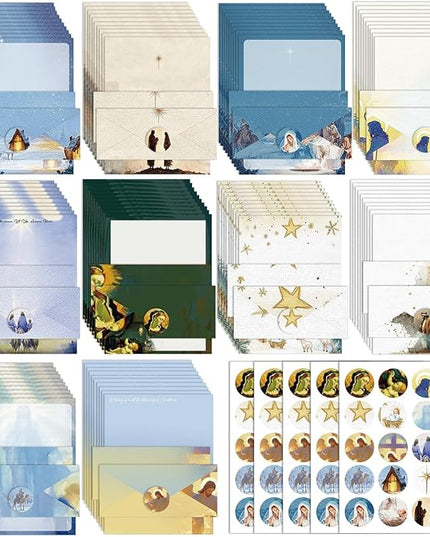 EggSun 250Pcs Christmas Stationery Paper and Envelope Set with 100 Letterhead Papers and 50 Envelopes, 10 Design for Letter Writing Invitations Computer Holidays Party Notes, 8.5x11 Inch-Nativity