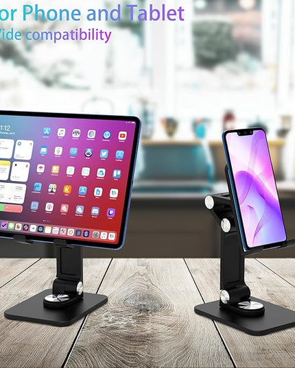 Jusanice 360 Rotating Cell Phone Stand,Folding Phone Stand,Adjustable Height and Angle Foldable Cell Phone Stand Holder for Desk, Taller iPhone Stand Compatible with iPad Smartphones Tablet (Black)