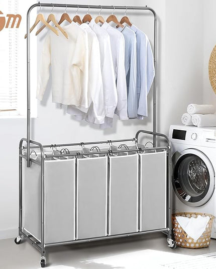 STORAGE MANIAC Laundry Sorter with Hanging Bar, Portable, Removable Laundry Hamper Cart with Heavy Duty Rolling Lockable Wheels and Removable Bags, Rolling Laundry Basket Organizer 181L, 4 Section