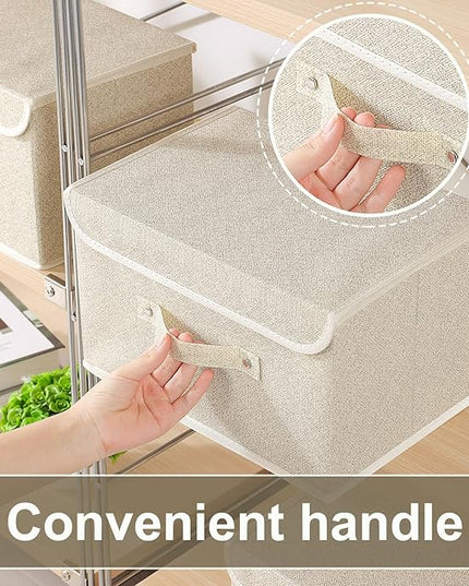 Storage Boxes, Collapsible Storage Bins with Lids, Cotton and linen cloth Storage Baskets with Handle, for Books, Closet, Bedroom, Home, 13x9.1x7.9 in, Grey and Beige