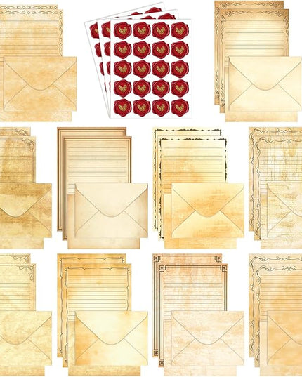 TaoBary 160 Pcs Stationery Paper Set 50 Double Sided Stationery Papers with 50 Matching Envelopes and 60 Round Dot Sticker, 10 Design(Vintage,5.5 x 8.25 Inch)