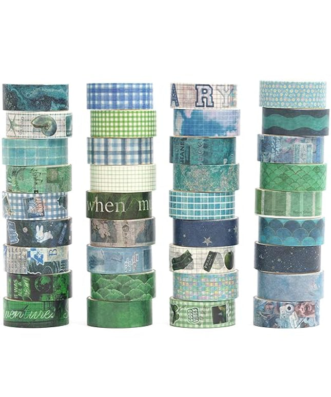 YUBBAEX Nature Washi Tape Value Pack 36 Rolls Plants Printed Masking Tape Cute Decorative for Arts, DIY Crafts, Journal Supplies, Planners, Scrapbook, Card/Gift Wrapping (Green Blue)