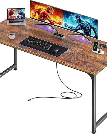 PRAISUN 54 X 20 Inch Office Computer Desk with Power Outlets and USB-C Port, Larger and Longer Gaming Desk, for Home Office, Study, Bedroom, Writing Work from Home Table, Metal Frame, Rustic Brown