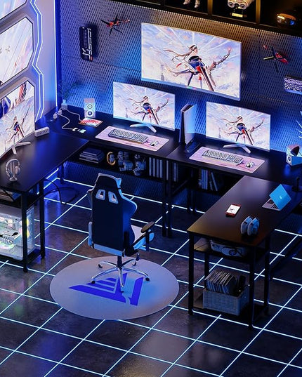 Unikito Reversible L Shaped Desk with Magic Power Outlets and USB Charging Ports, Sturdy Corner Computer Desk with Storage Shelves, Gaming Table Home Office Desk, Easy to Assemble, Black