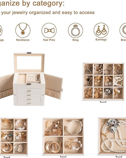 Frebeauty 5-layer Jewelry Box,Faux Leather Jewelry Organizer with 4 Drawers,Jewelry Organizers and Storage with Mirror,Jewelry Holder Organizer for Necklace,Jewerly Boxes for Women Girls(Grey)